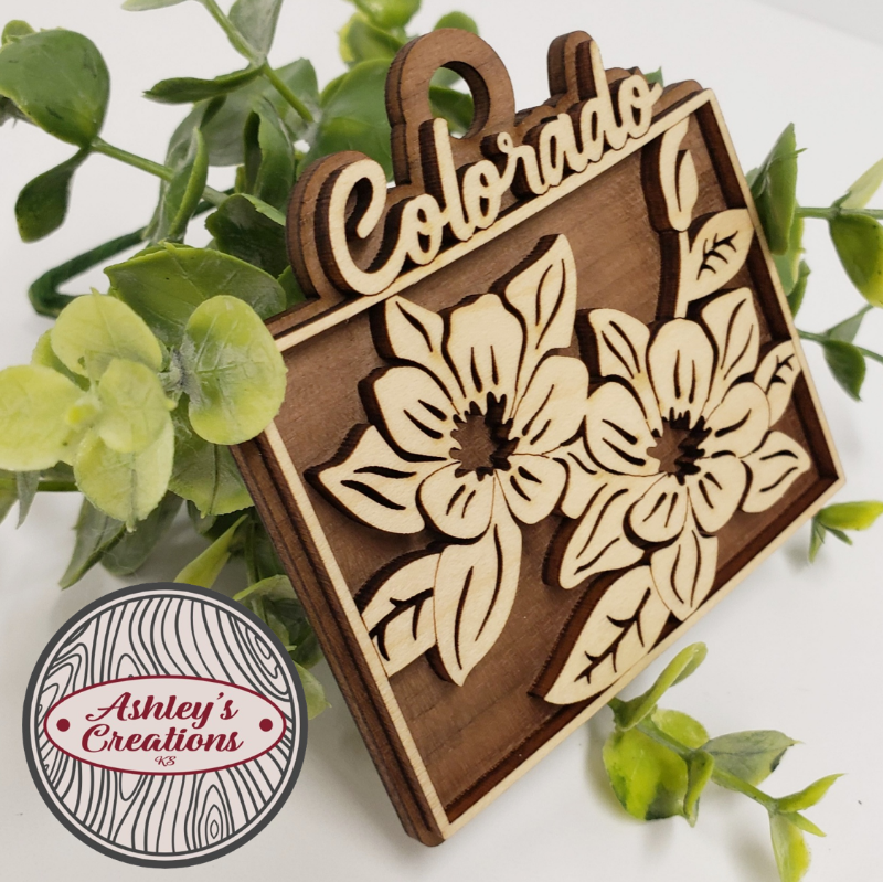 Wooden ornament with floral design and 'Colorado' text, surrounded by green leaves.