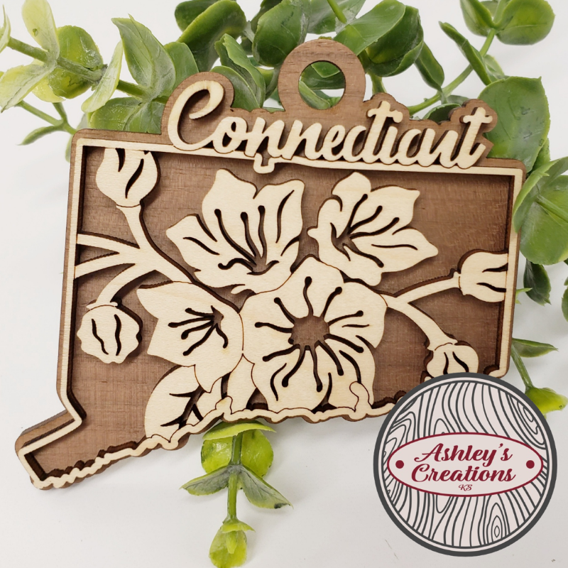 Wooden ornament shaped like Connecticut with floral design and 'Connecticut' text, surrounded by green leaves.