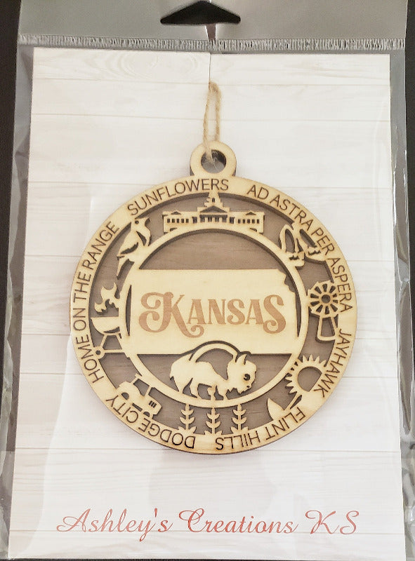 Kansas State Round Ornament shown in a package.